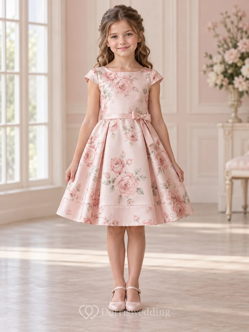 Tea-length Blush Floral Cap Sleeve Side Bow Satin Flower Girl Dress