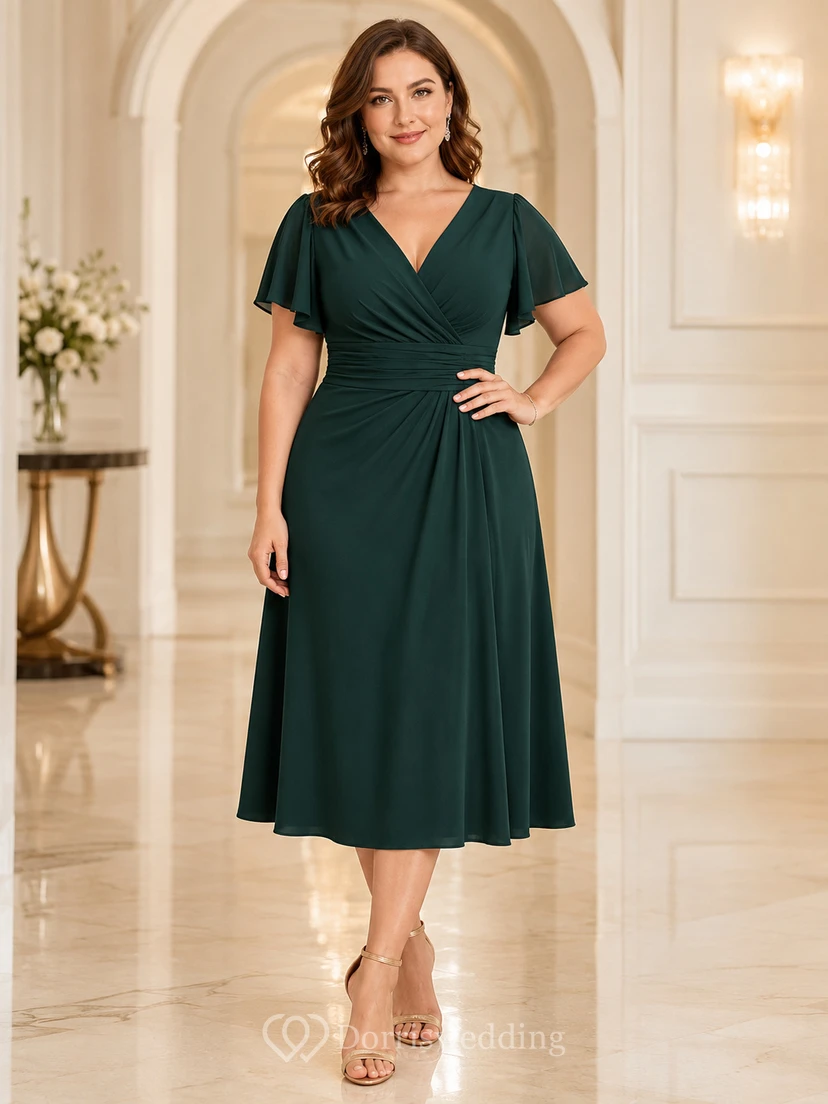 Robe portefeuille mi-longue en jersey vert chasseur, col V, manches papillon, coupe flatteuse, idéale pour les courbes