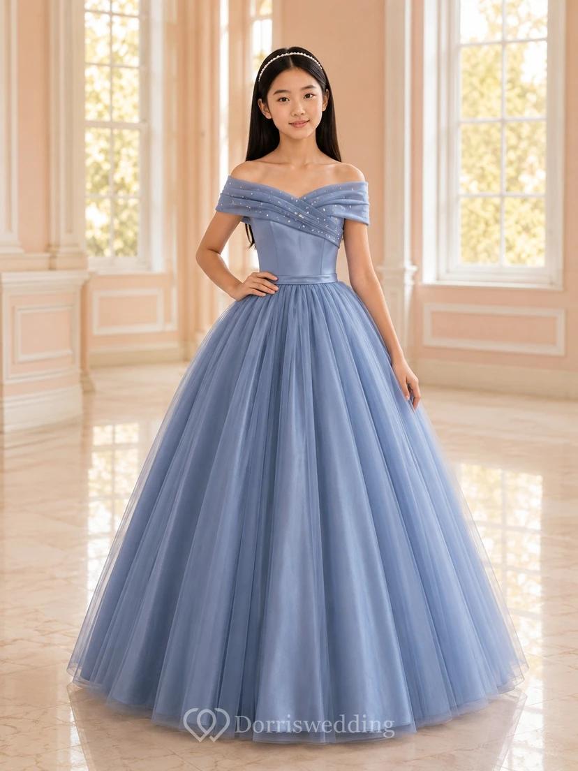 Stahlblaues Junior-Brautjungfernkleid, Ballkleid, schulterfrei, kurze Ärmel, Tüllrock