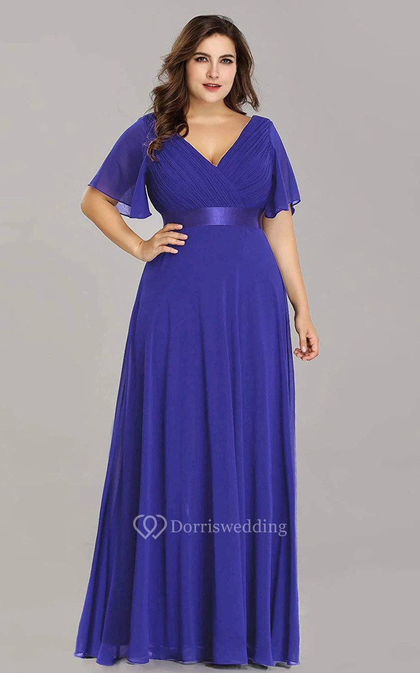 Romantic Chiffon V-neck Half Sleeve A Line Formal Dress With Criss Cross and Ruching view 17