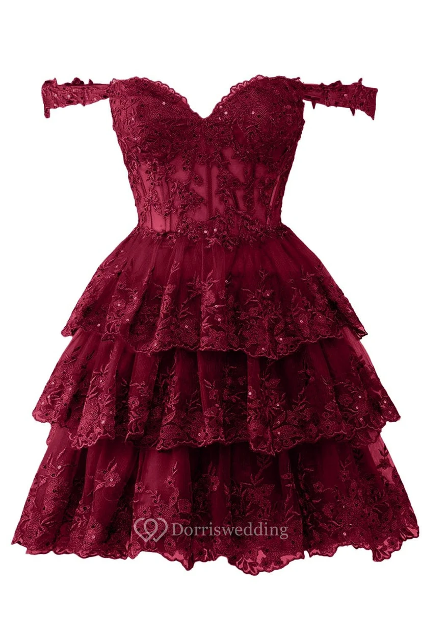 Blue Off-the-Shoulder Short Dress with Lace view 16