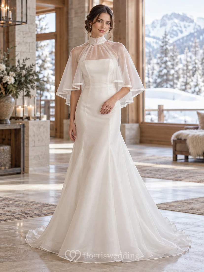 Vestido de novia corto con capa transparente de cuello alto y borde de cinta, estilo sirena, para invierno.