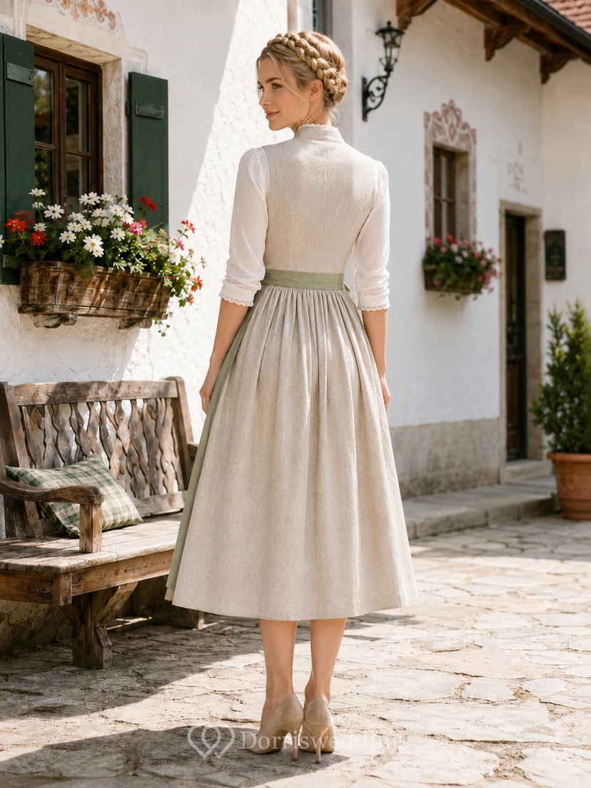 Dirndl modesto de lino color crema, corte A, largo hasta la rodilla, cuello alto, manga tres cuartos view 2