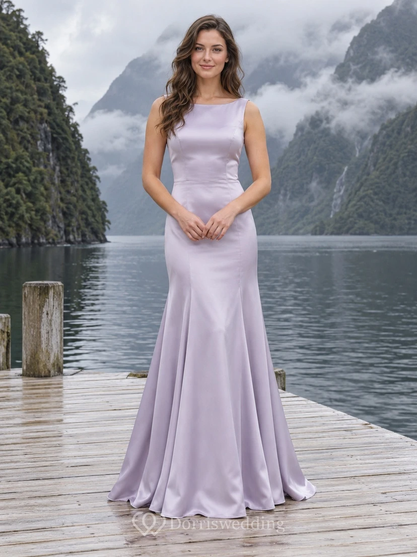 Schlichtes lavendelfarbenes, ärmelloses Brautkleid im Meerjungfrauenstil aus Satin mit U-Boot-Ausschnitt