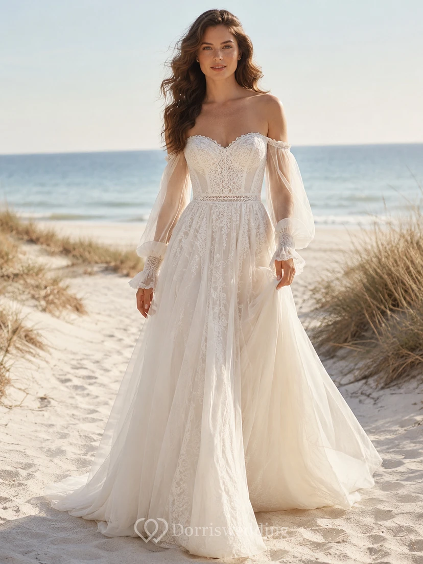 Bohemian Beach Off Shoulder Sweetheart Long Puff Sleeve Lace A-Line Sweep Train Wedding Dress