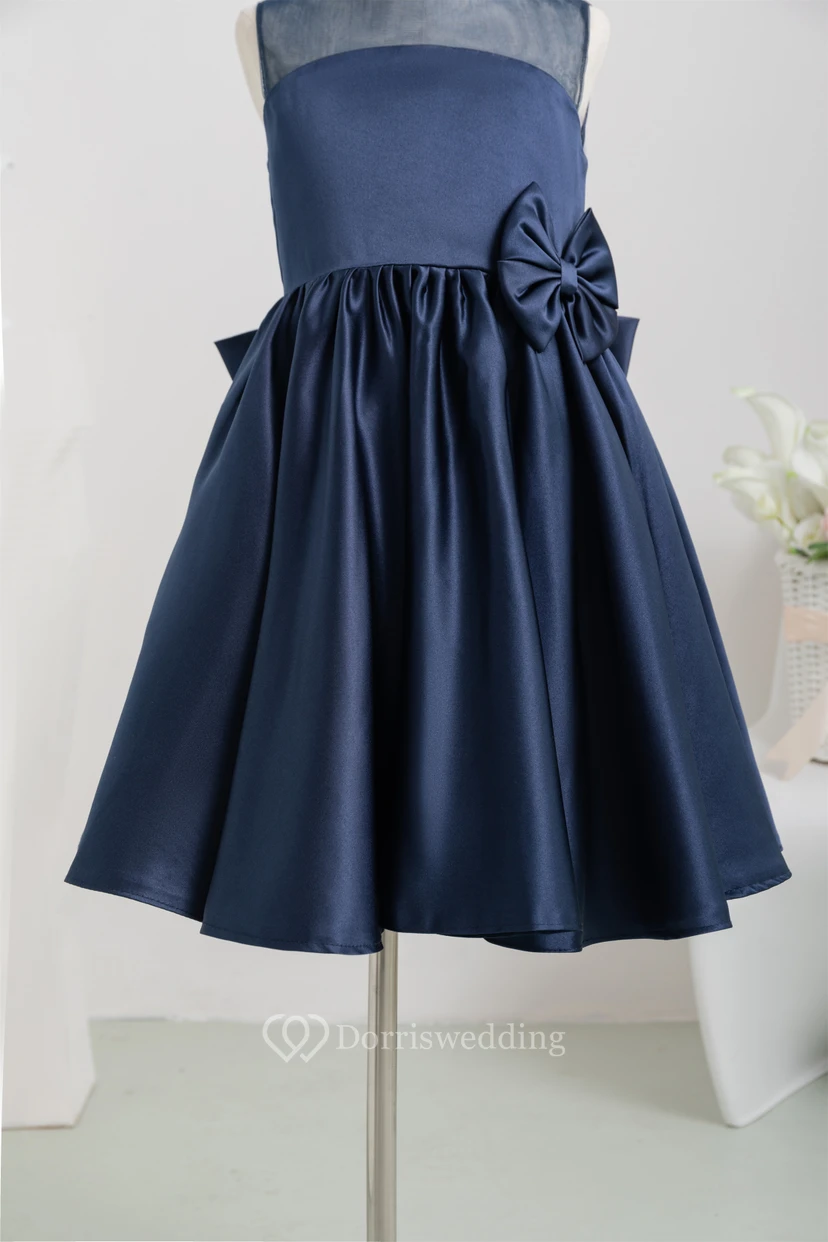 Jewel Satin Short A-line Bowed Dark Navy Flowergirl Dress view 8