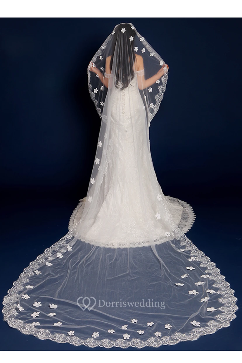 Cathedral Wedding Veil with Flowers and Lace Edge view 2