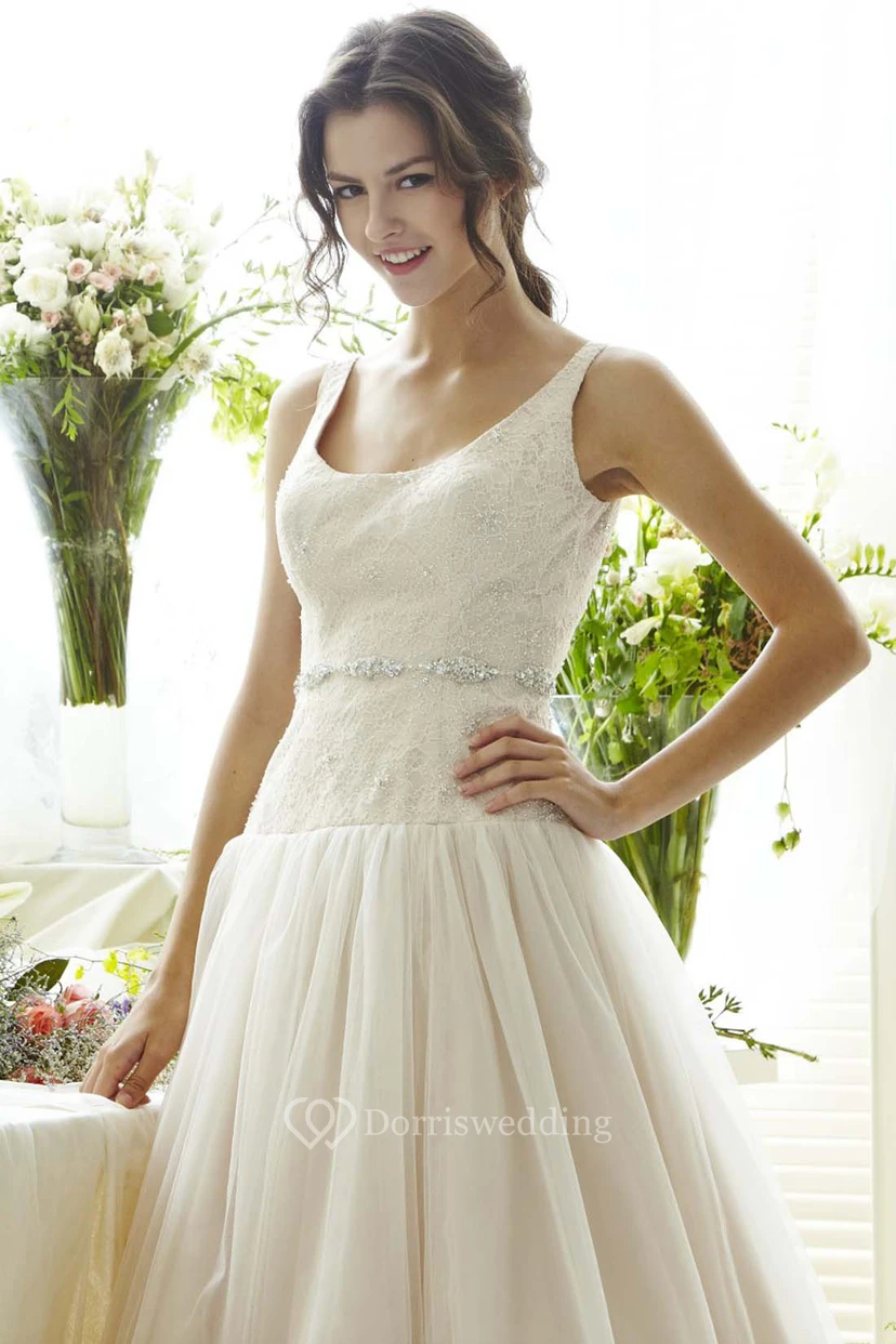 Long Square Jeweled Tulle Wedding Dress With Sweep Train And V Back view 4