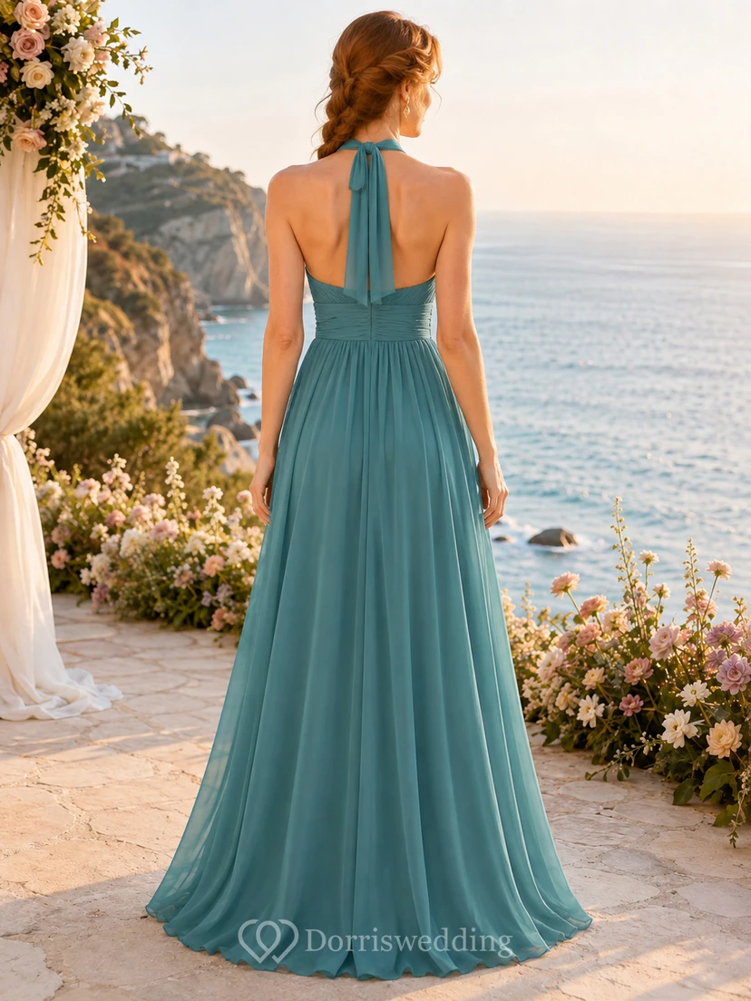 Teal halter chiffon floor length bridesmaid dress with thigh slit view 2
