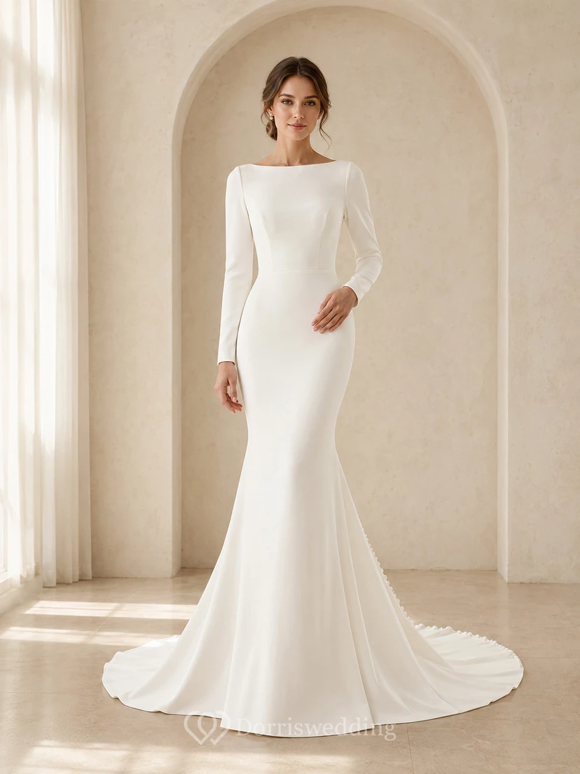 Modest Satin Bateau Long Sleeve Mermaid Deep V Wedding Dress