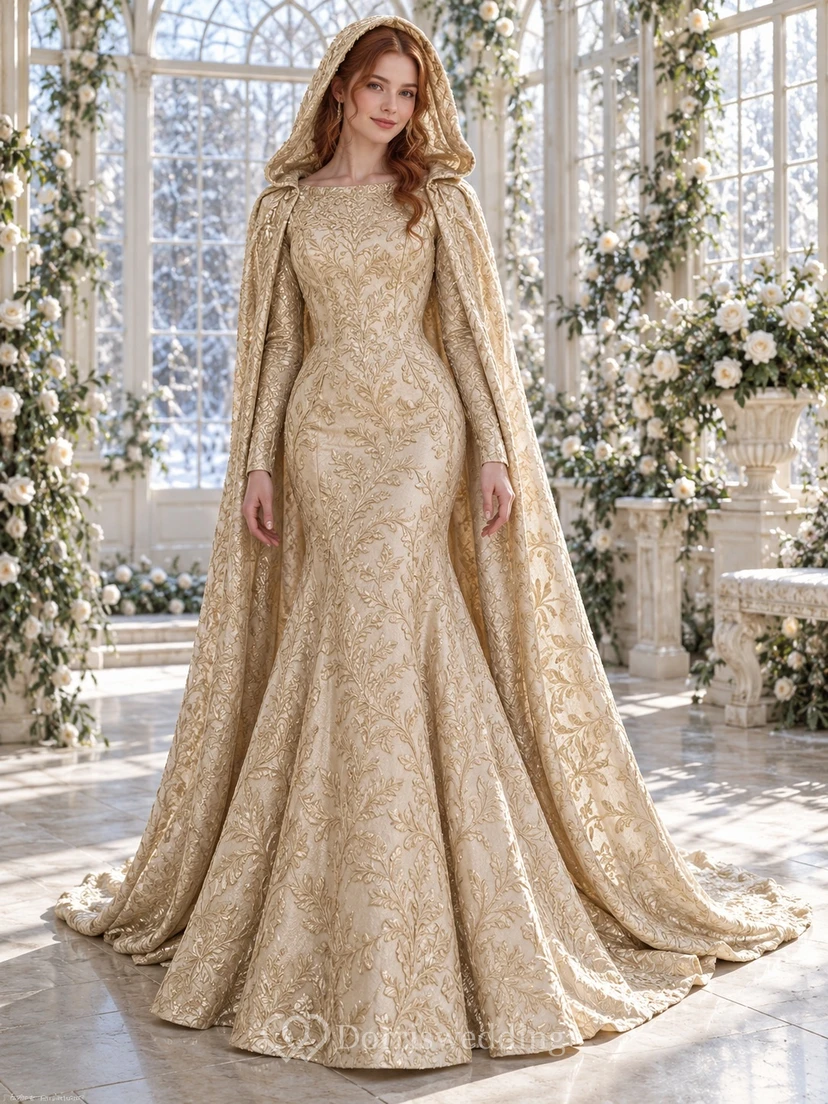Long Sleeve Gold Brocade Sheath Winter Wedding Hooded Cape Dress