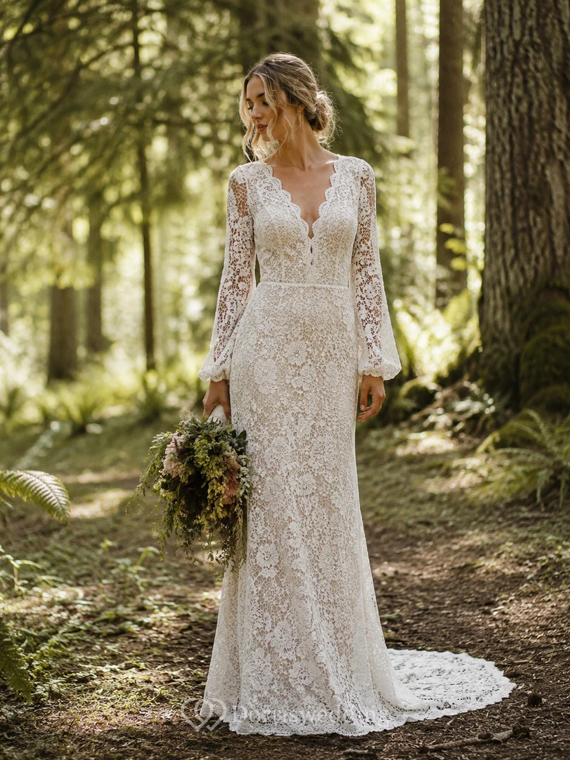 Boho Lace Mermaid Wedding Dress with Deep V-Neck, Long Sleeves & Fitted Woodland Bridal Train