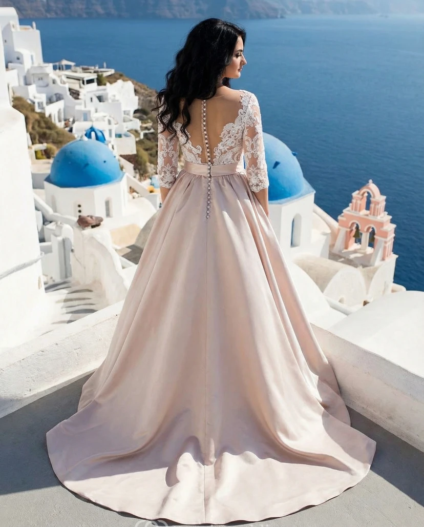 Plus Size Satin A-Line Gown with Illusion Sleeves view 2