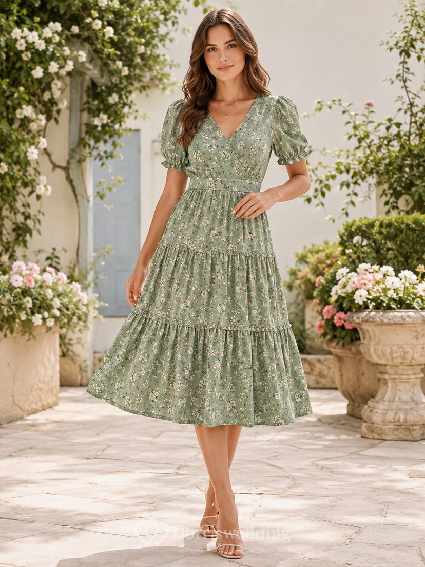 floral green v neck midi erin dress V-Neck Puff Sleeve Tiered Anaya