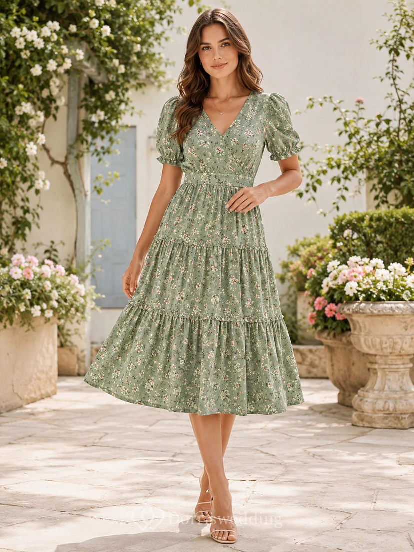 Green Floral V-Neck Puff Sleeve Tiered Midi Dress