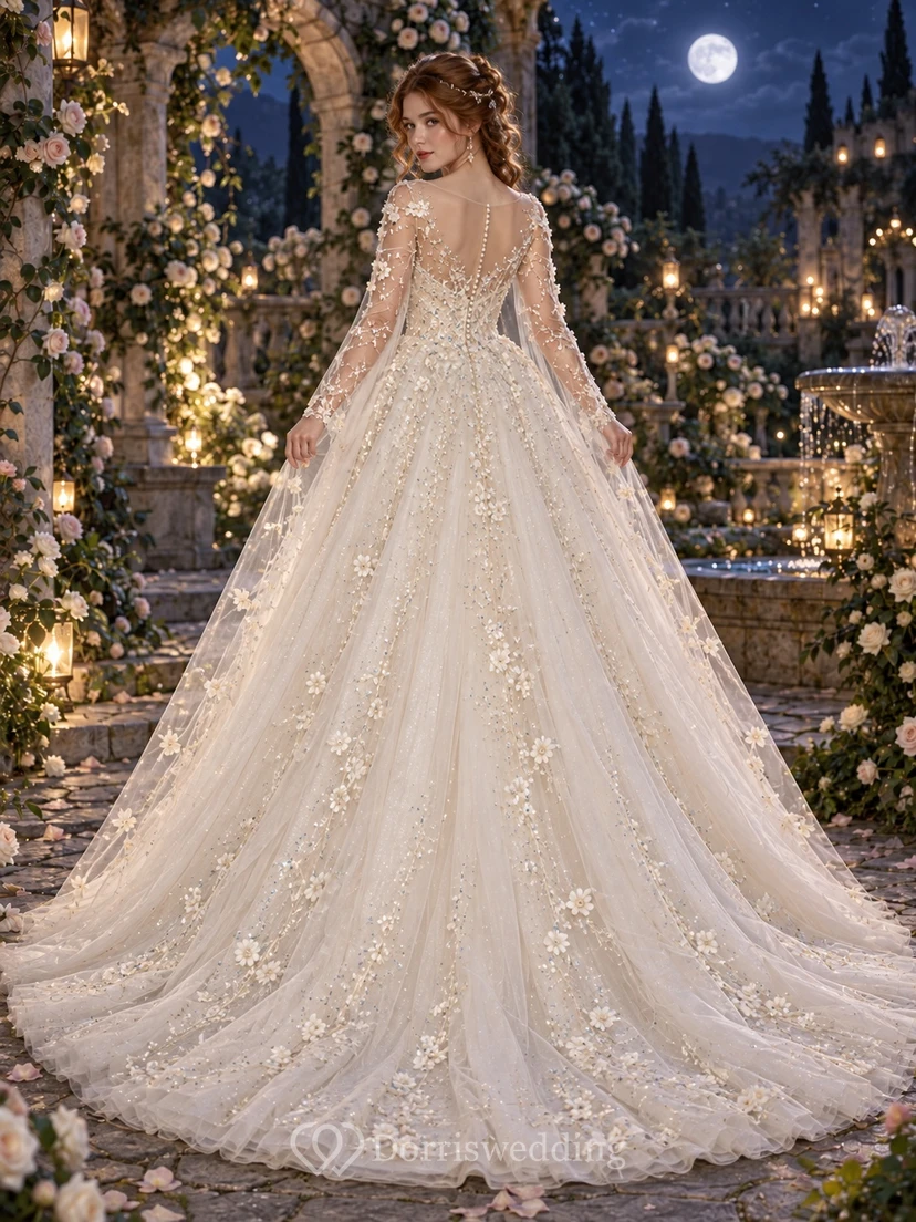 Fairy Long Sleeve Beaded Floral Tulle Ball Gown Wedding Dress view 2