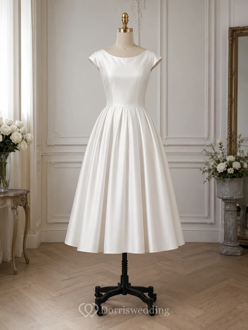 Scoop-neck Cap Satin Empire A-line Tea-length Retro Wedding Dress view 7