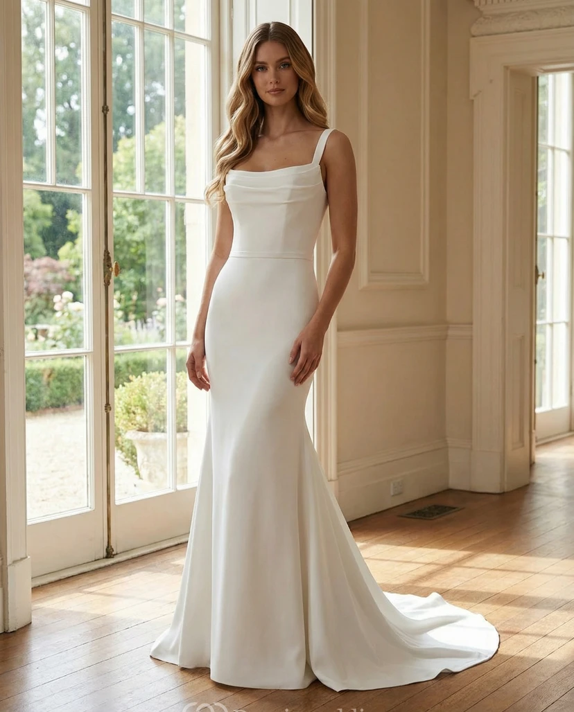 Minimalist Wedding Dress Mermaid Square Neck Sleeveless Satin Bridal Gown