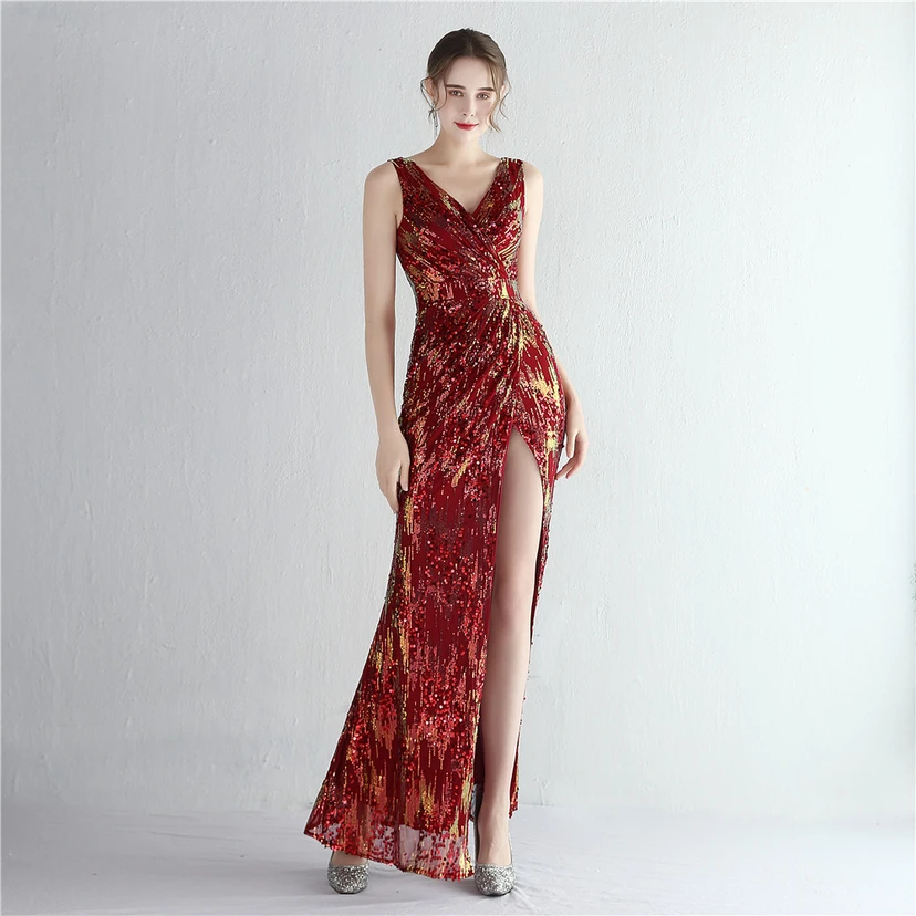 Nouvelle jupe longue fendue à sequins Aura Queen, style banquet de célébrités. view 10
