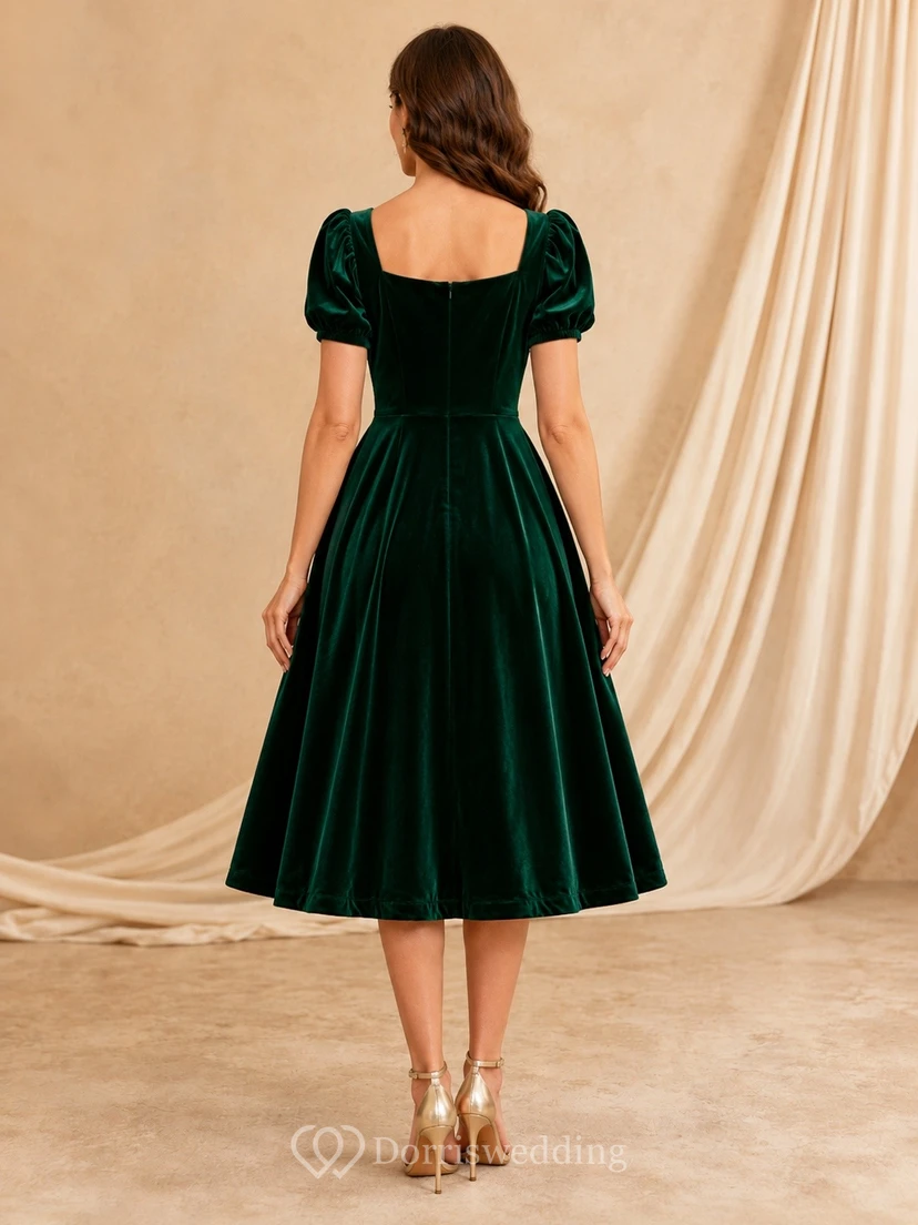 Green Square Neck Puff Short Sleeve Velvet Tea-length A-line Vintage Romantic Dress view 2
