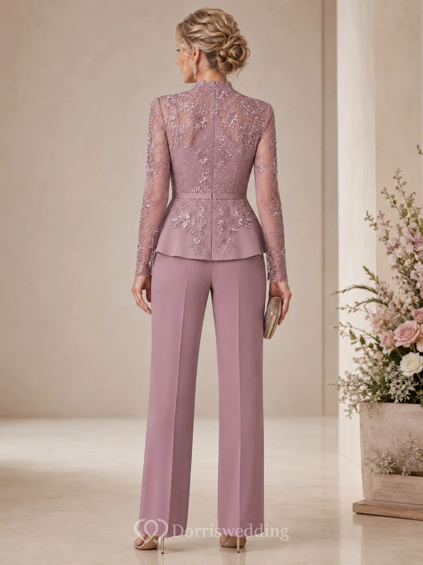 Vintage Mauve Lace Peplum Mother Pantsuit Vintage Mauve Notched V-neck Jumpsuit Ankle-length view 2