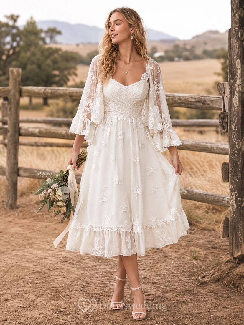 Boho Tea Length Country Wedding Dress with Lace Cape Sleeves, Ruched Bodice & Tiered Midi Skirt