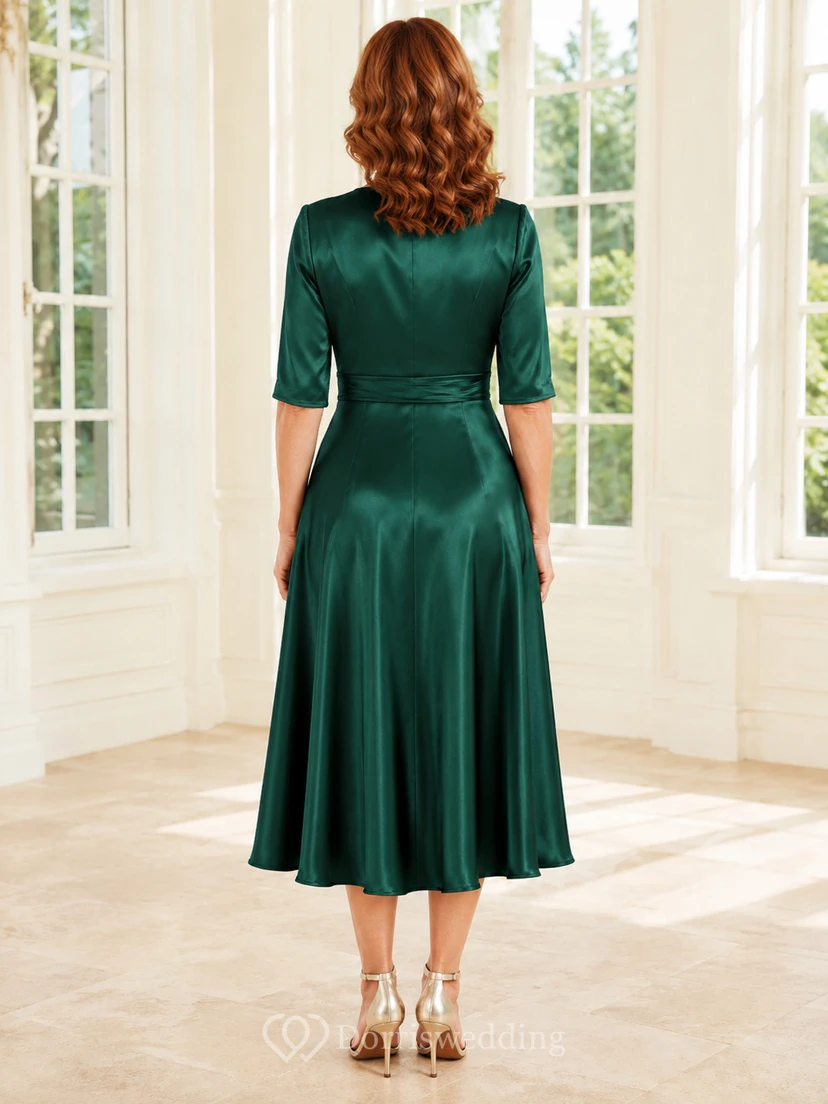 Emerald Green Mature Woman Satin Wrap Half Sleeve Tea Length A Line Dress view 2
