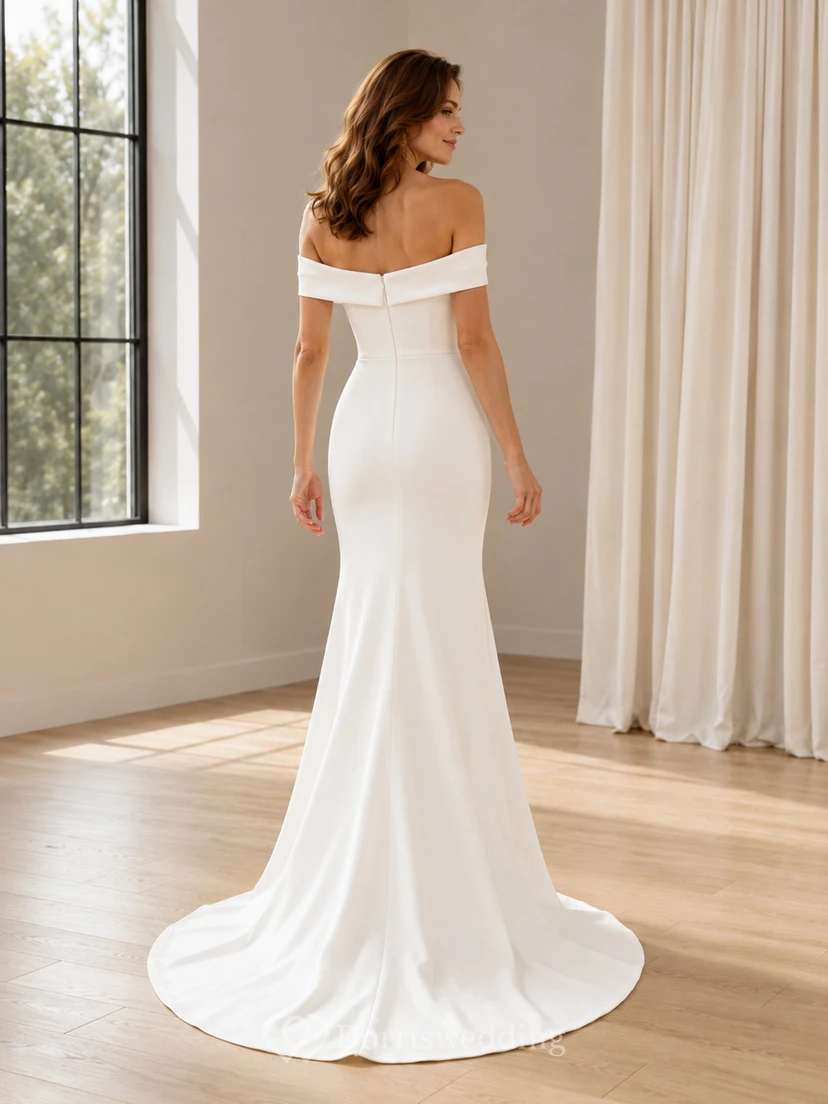 Simple Off Shoulder Satin Mermaid Sweep Train Modern Minimalist Wedding Dress view 2