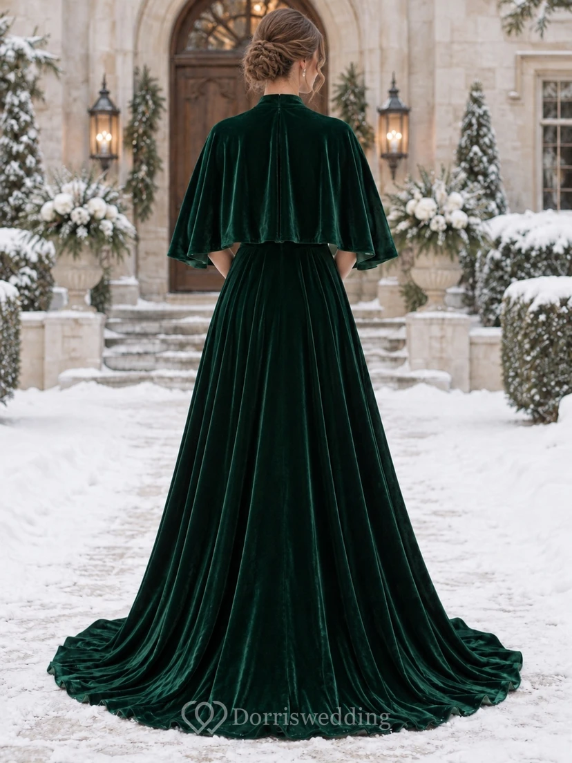 Dark Green Sweetheart Velvet A-line Short Cape Wedding Dress view 2