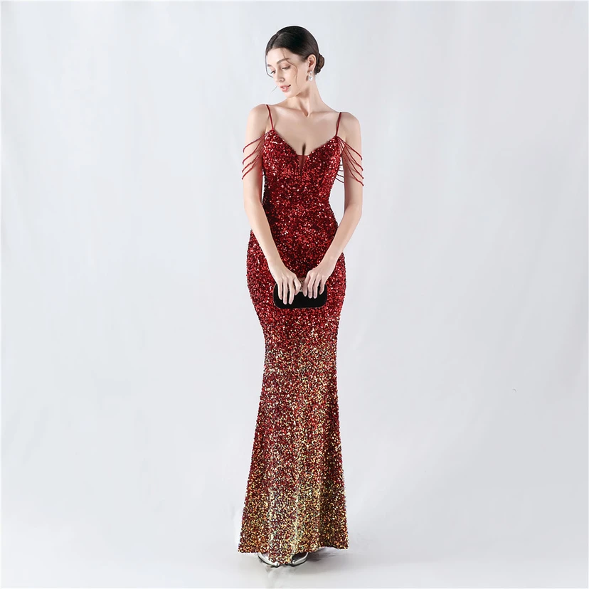 Velvet-Bottom Gradient Sequined Sexy Beaded Suspender Evening Dress view 24
