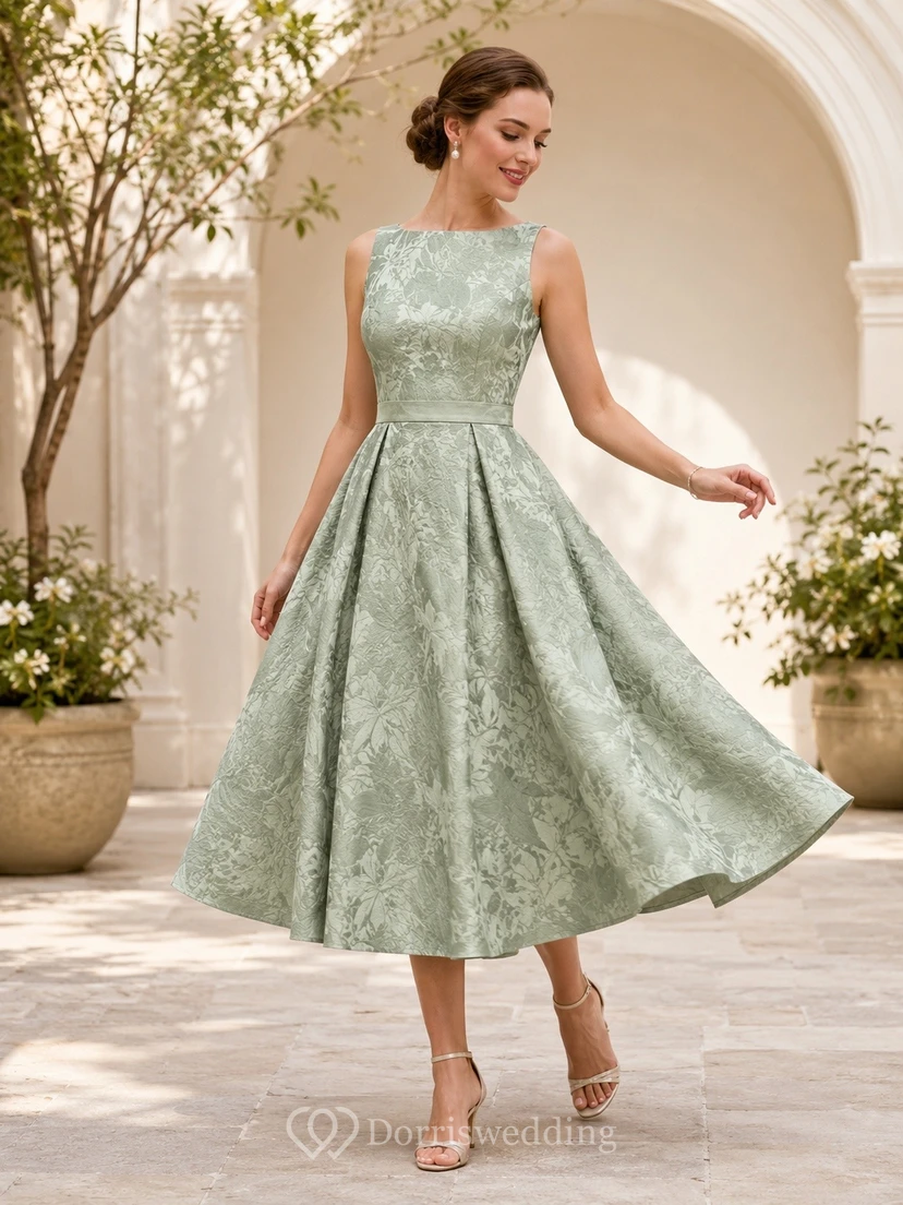 Ärmelloses, teelanges Kleid aus Jacquard-Stoff mit Rundhalsausschnitt in Salbeigrün