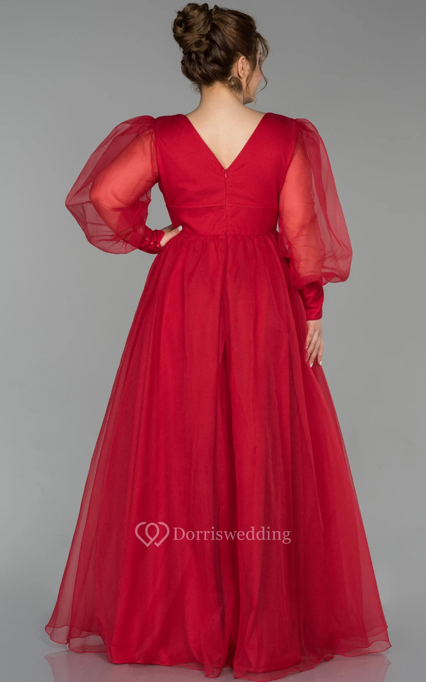 V-neck Puff-sleeve Pleated Empire A-line Evening Plus Size Dress with V Back view 5