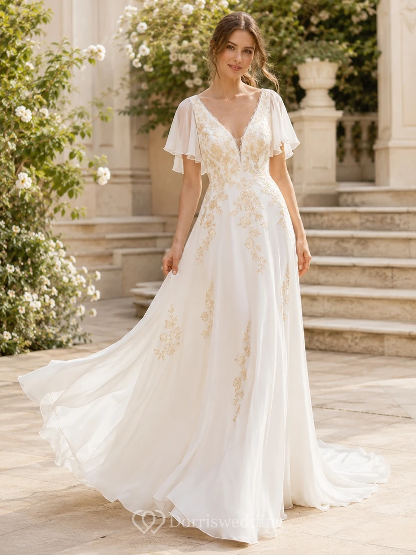 Gold Petaled Bridal A-Line V-neck Short Sleeve Sweep/Brush Train Romantic Elegant Gown