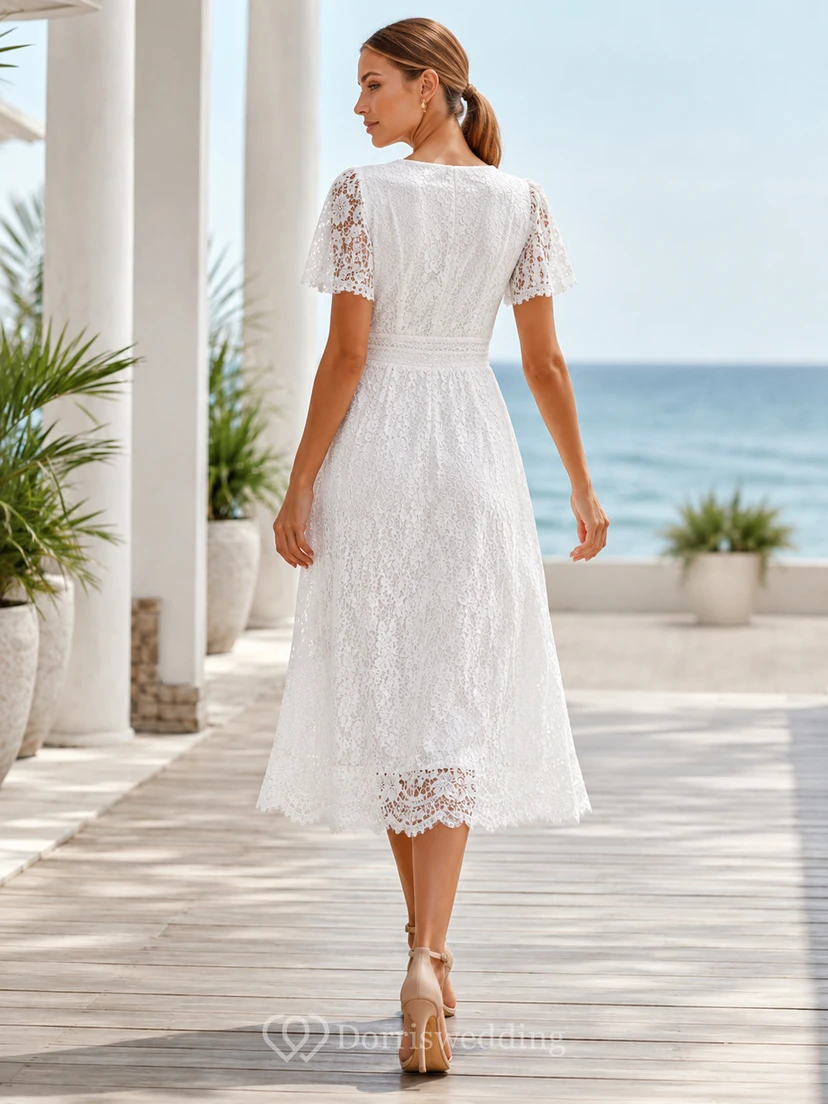 Elfenbeinfarbenes, formelles Gästekleid mit V-Ausschnitt, kurzen Ärmeln, Spitze und A-Linie für den Garten view 2