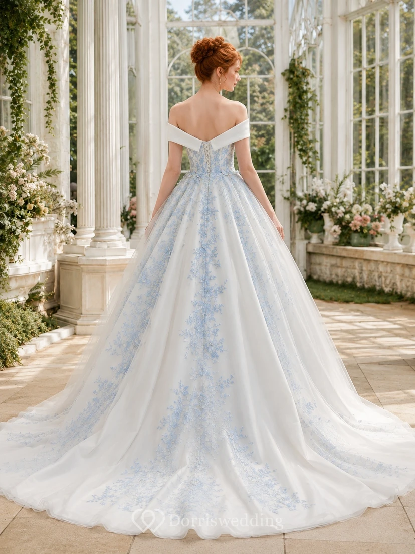 Himmelblaues, drapiertes Ballkleid mit schulterfreiem Schnitt, kurzen Ärmeln und Tüllrock view 2