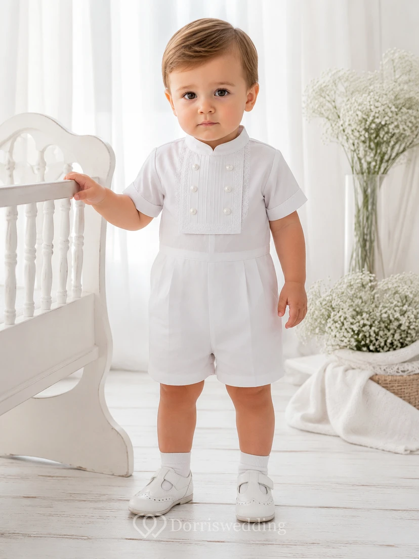 White Stand Collar Button Bib Short Sleeve Christening Romper for Baby Boy