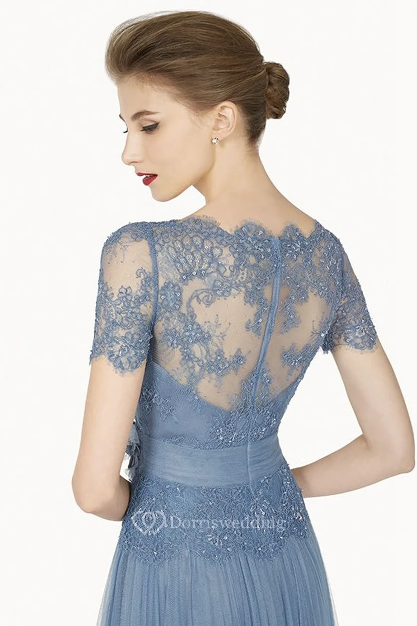 Scalloped Bateau Short Sleeve Lace Top Tulle Long Dress With Flower Sash view 2