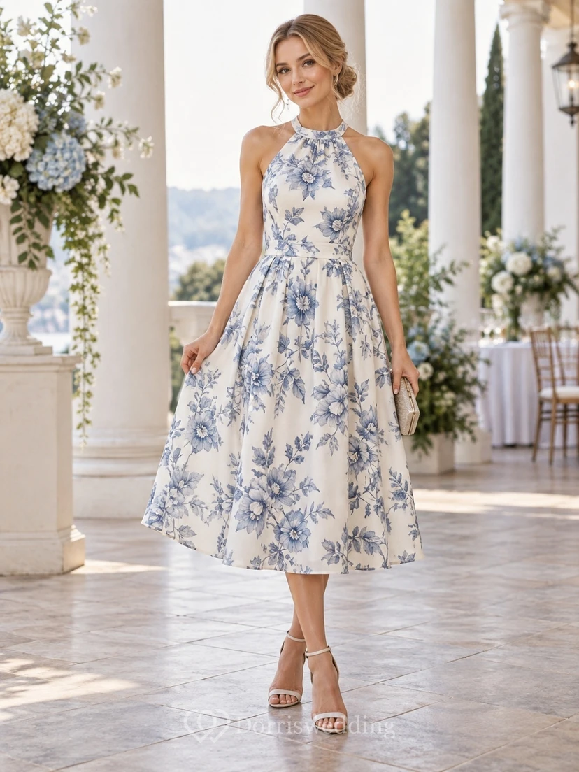 Vestido de fiesta de gasa sin mangas con escote halter y estampado floral en blanco y azul, largo hasta la rodilla, corte en A.
