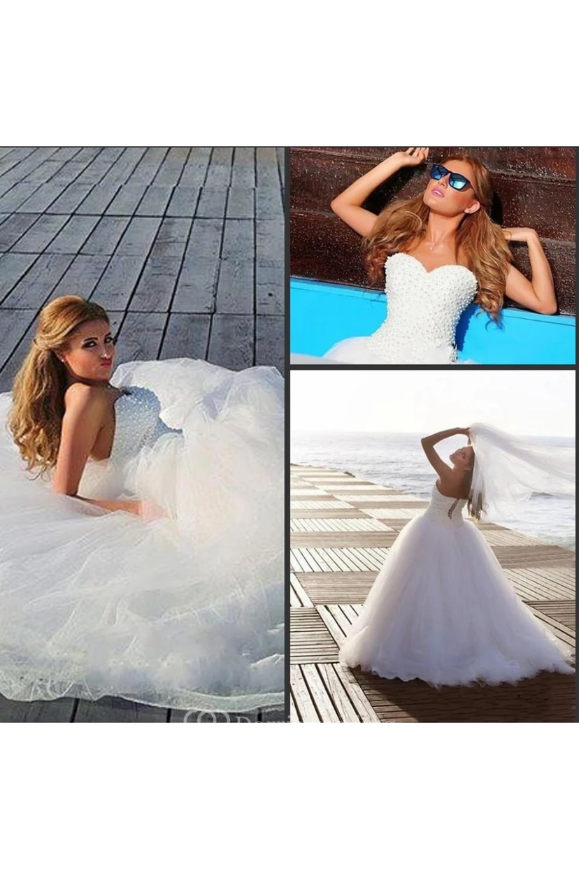 Timeless Tulle Beadings White Wedding Dress Plus Size Lace-up Sweetheart view 4