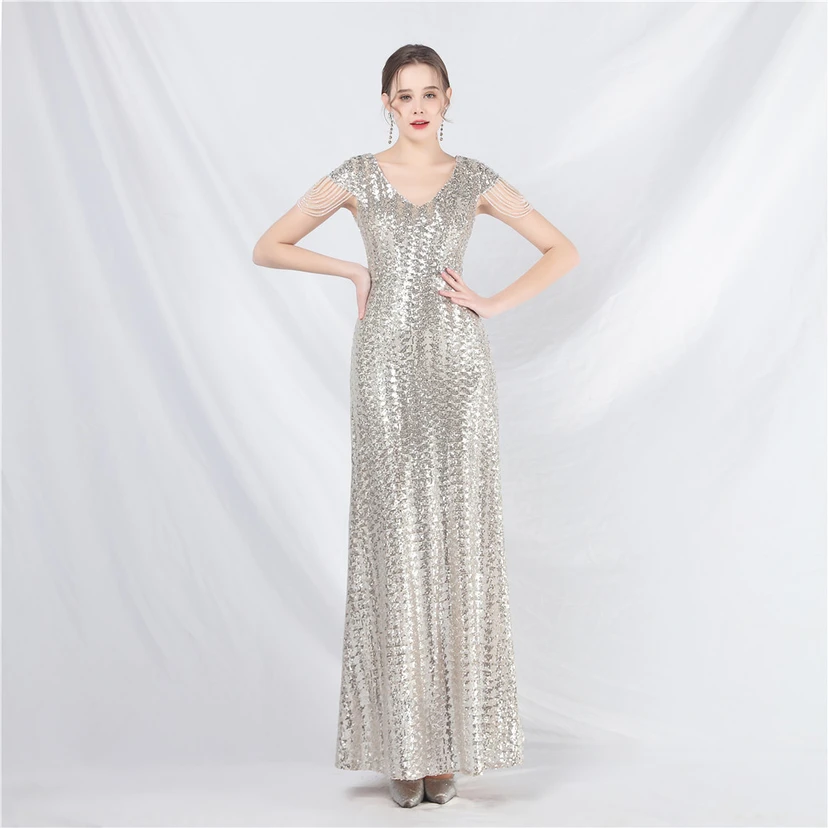 A-Line Big Swing Dress Craft Sequined Long A-Line Evening Dress view 13