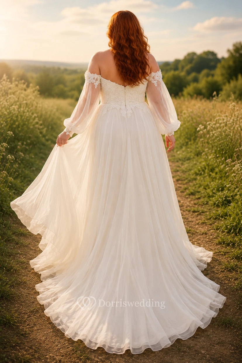 Plus Size schulterfreies Chiffon-A-Linien-Brautkleid view 2