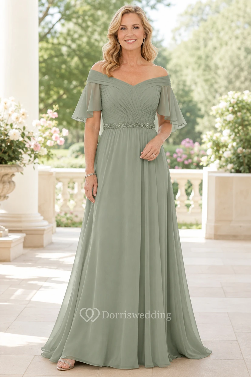 Salbeigrünes schulterfreies Chiffon-Kleid in A-Linie mit flatternden Ärmeln