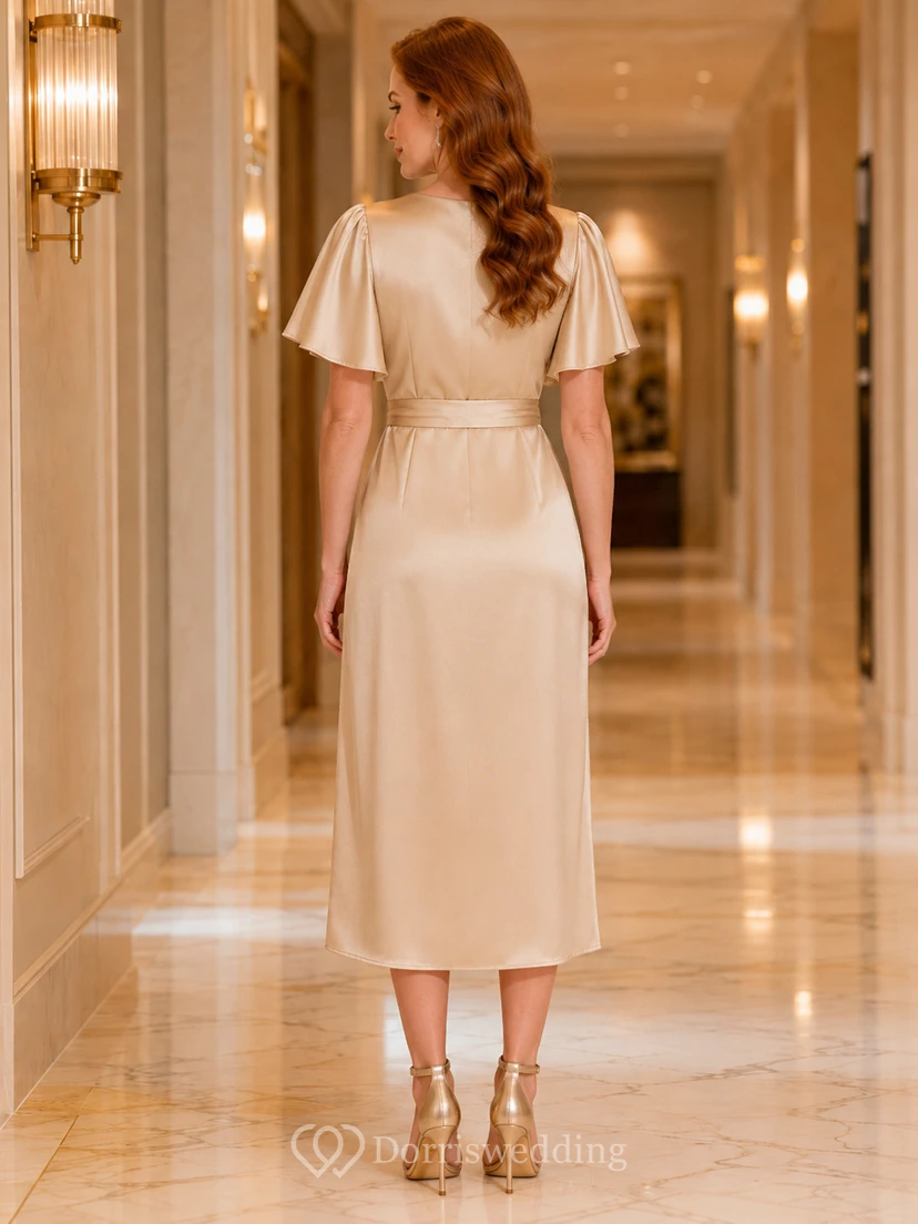 Vestido midi de satén color champán con escote en V cruzado para ocasiones especiales view 2