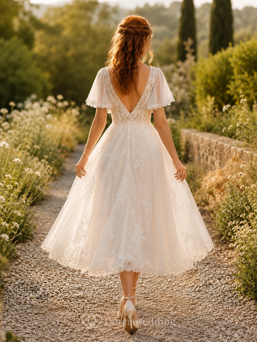 Vintage Lace Tulle Wedding Dress A-Line V-Neck Short Sleeve Tea Length Bridal Gown view 2