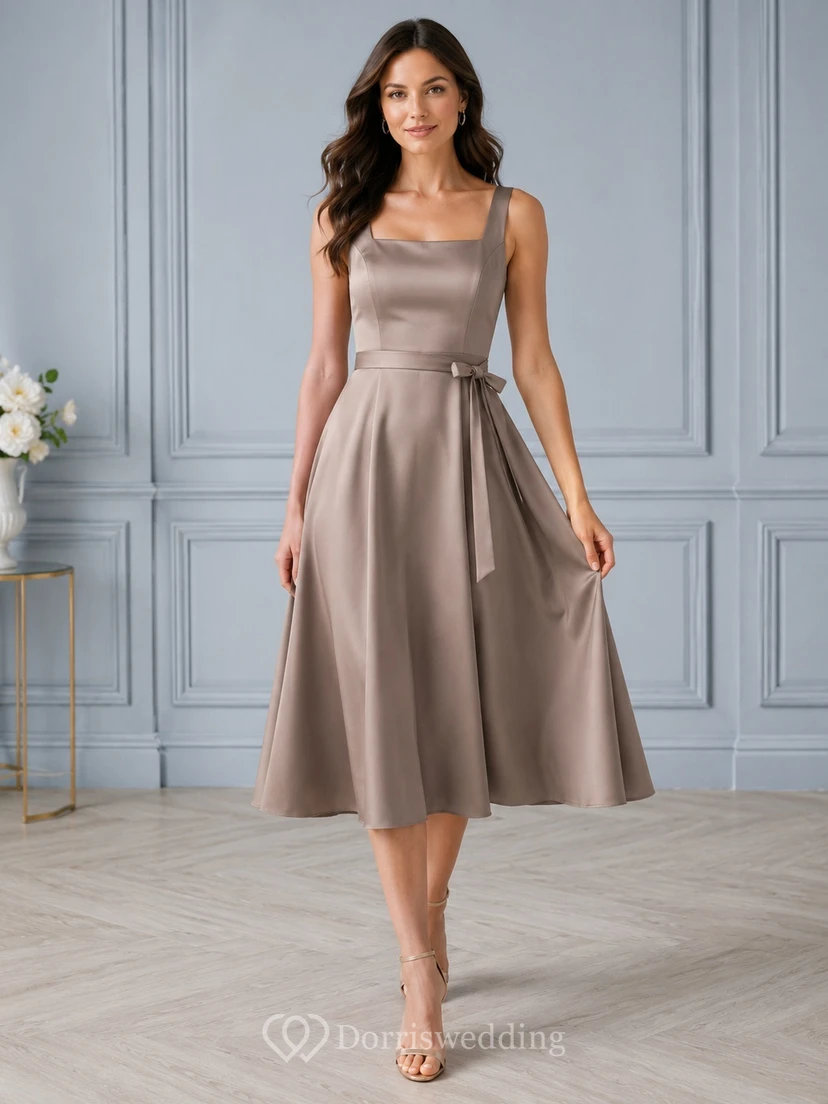 Robe cocktail moderne taupe en satin, sans manches, à encolure carrée et coupe trapèze, longueur thé