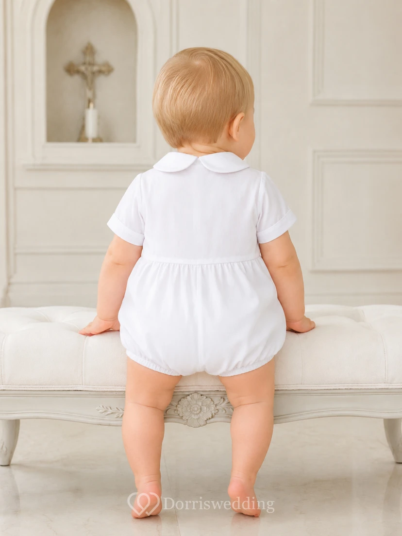 White Pintuck Peter Pan Collar Short Sleeve Christening Bubble Romper for Baby Boy view 2