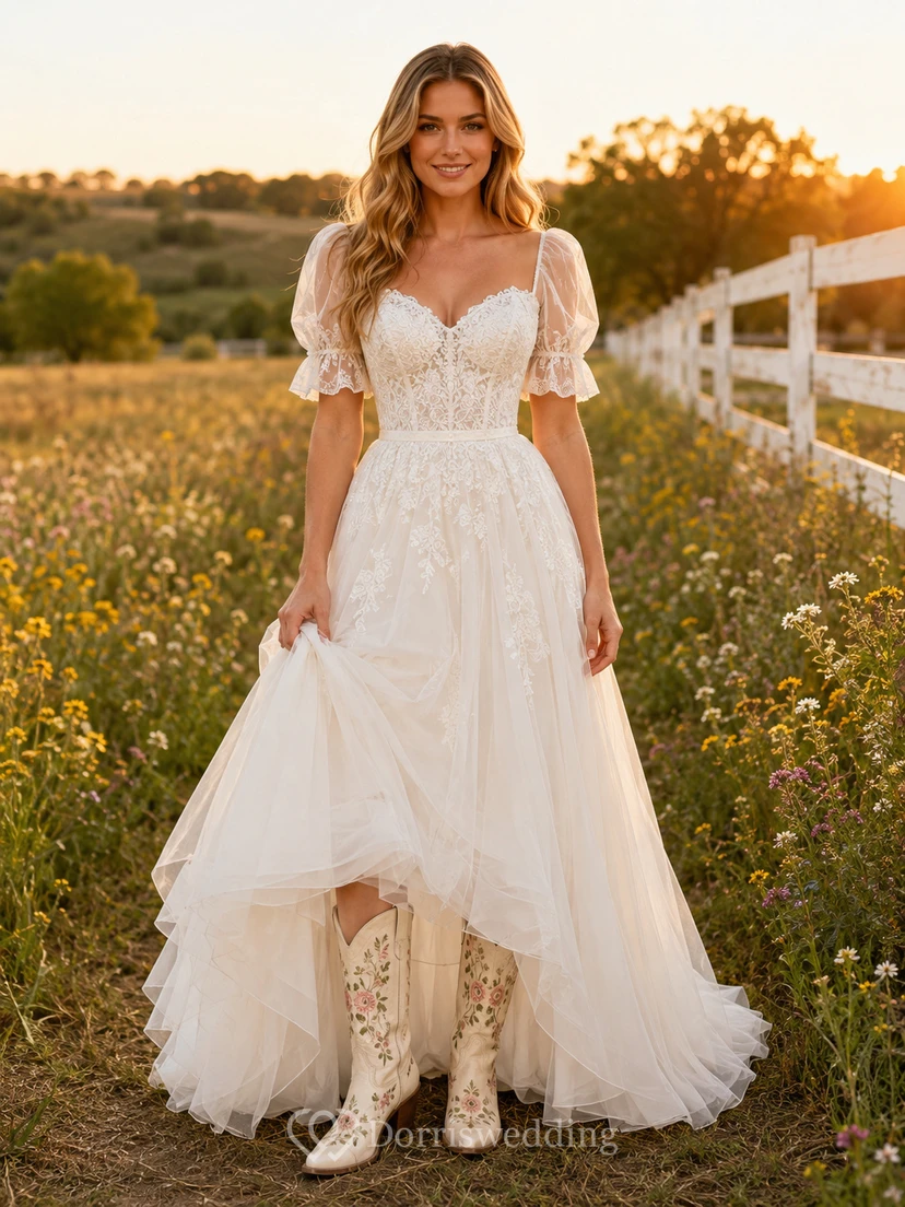 Country Boho Romantic A-Line Lace Tulle Wedding Dress with Square Neck Sweetheart Puff Sleeves Short Sleeve Floor-Length Train Appliques Low Back