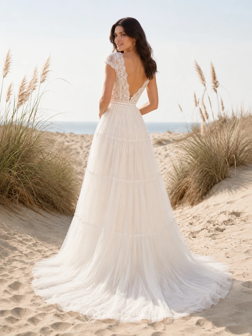 Boho Beach A Line V Neck Cap Lace Sleeve Tiered Tulle Wedding Dress view 2