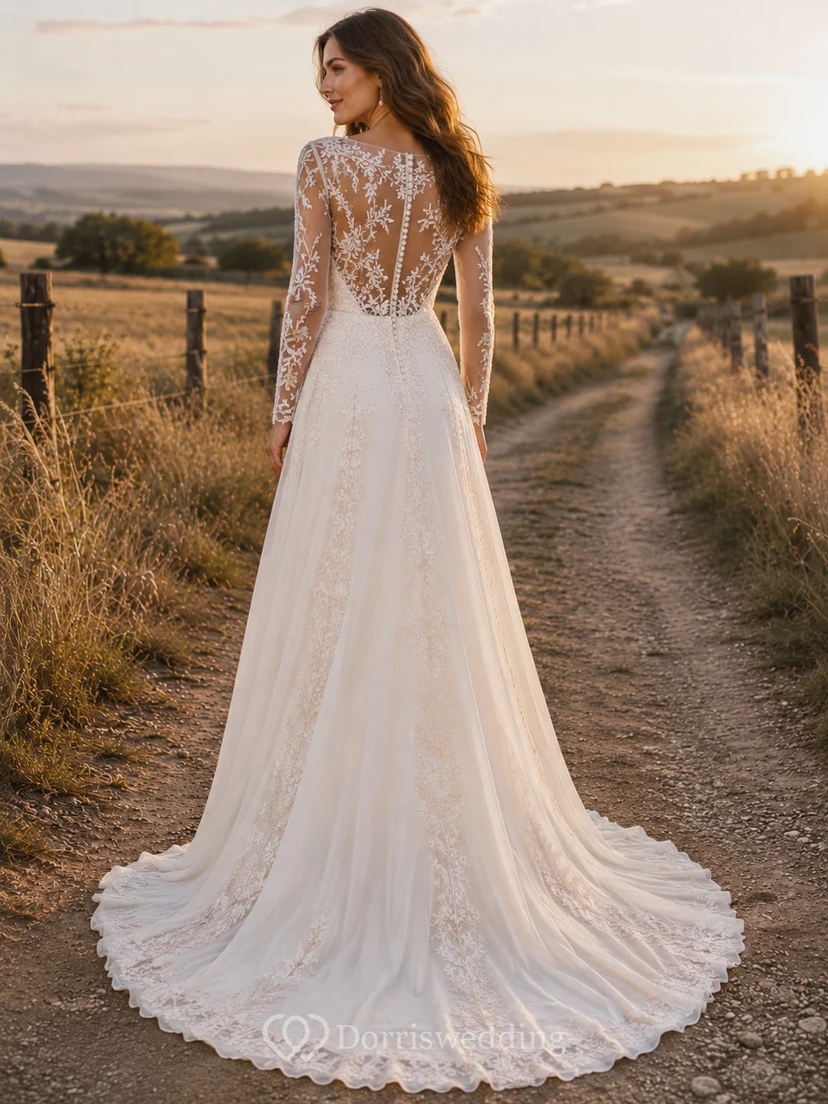 Robe de mariée champêtre en dentelle, coupe trapèze, col en V, manches longues, traîne chapelle view 2