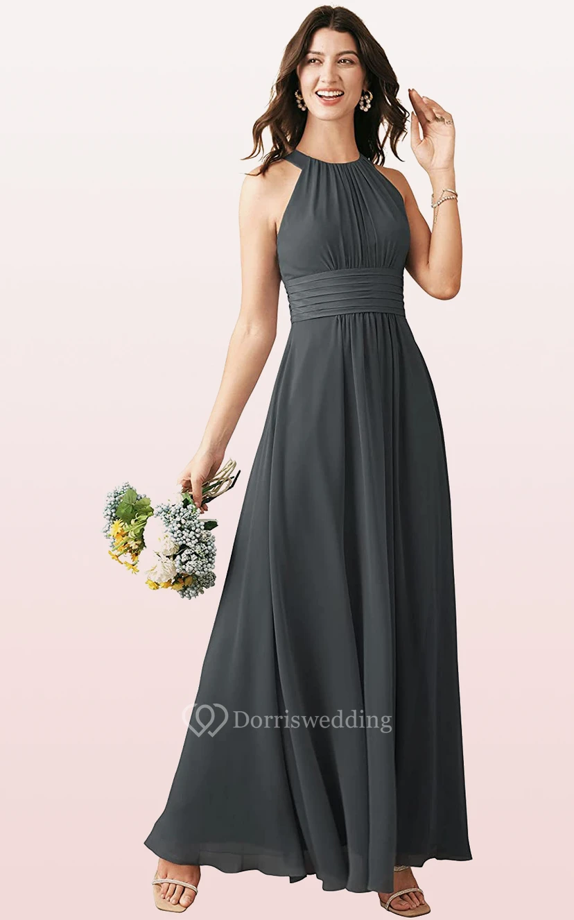 Halter A Line Sleeveless Ankle-length Chiffon Bridesmaid Dress With Ruching view 8